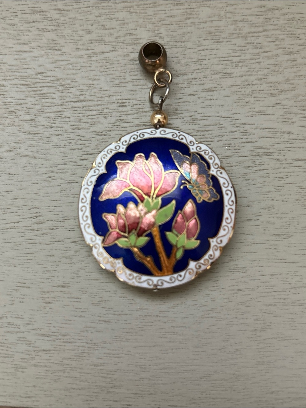 Vintage Round Floral Enamel Charm Doublesided Pendant - Blue, Pink & Green